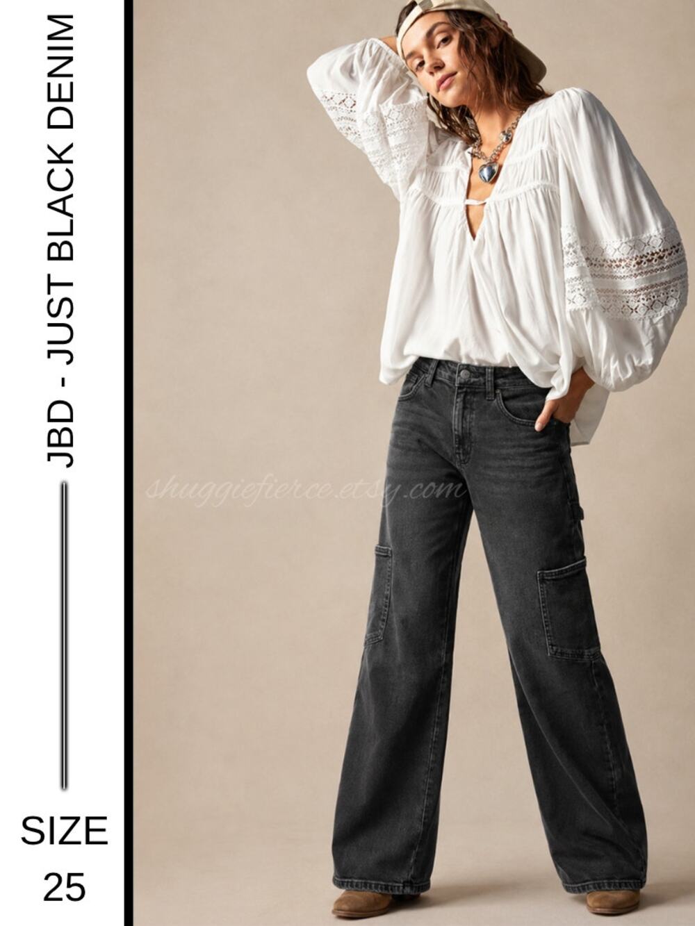 MSRP: $98 | JBD Just Black Denim Black Wide Leg Carpenter Cargo Jeans – Size 25